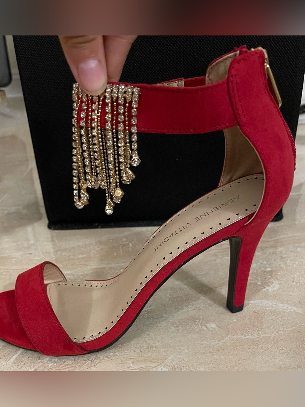 Adrienne Vittadini Red Suede Ankle Strap Gala Heel